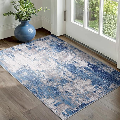 Washable Area Rugs 3'x5' Non-Slip Modern Abstract Soft for Living Room Entryway Bedroom Nursery, Print Pattern, Blue Grey Navy Gray