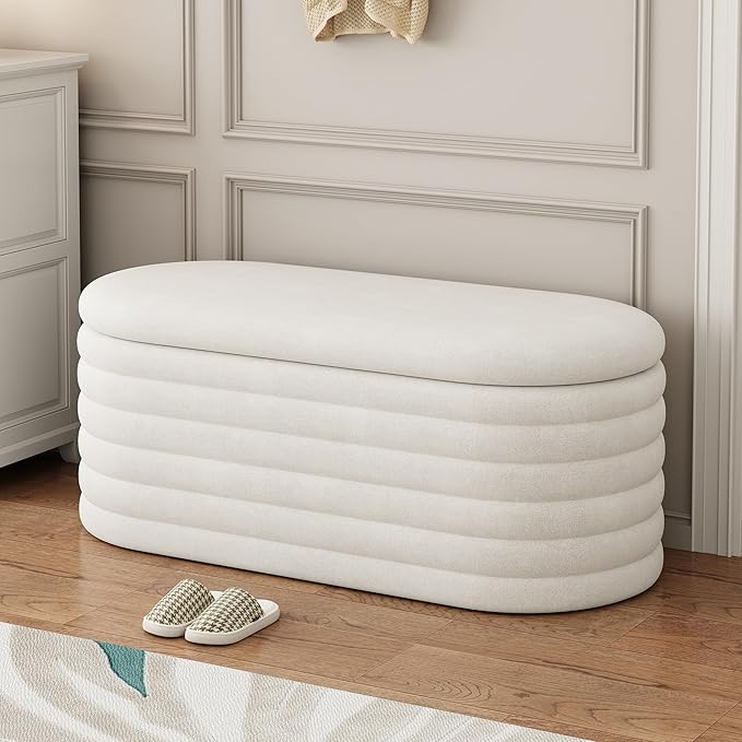 Storage Ottoman Bench 40 inch Upholstered Chenille Fabric Storage Bench for Bedroom End of Bed Stool Aesthetic Large Storag Ottoman for Living Room Entryway,Beige White
