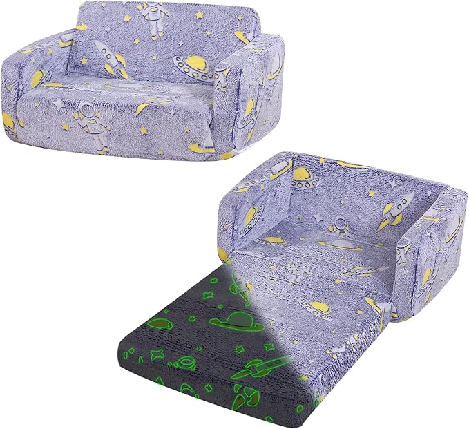 Foldable Kids Sofa,Soft Kids Fold Out Couch Glow in The Dark,Convertible Sofa to Lounger Toddler Sofa Chair(Space