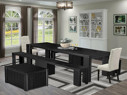 X02EL-2C6-35 - 6-piece Dining Table Set a Dining Table with a coffee Table and 2 wooden Benches and 2 Doeskin Linen Fabric kitchen Chair, 39x120 Inch, Wire Brushed Black