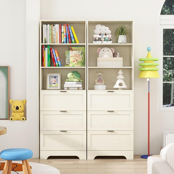 6 Tier Book Shelf with Drawers,White Farmhouse Display Bookshelf with Organizers and Storage,Free Standing Tall Bookshelf with Cabinet for Bedroom,Living Room, Office