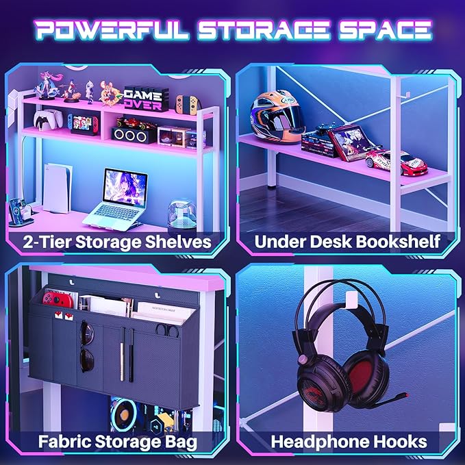 Aheaplus L Shaped Desk Gaming Desk, 59" L Shaped Computer Desk with LED Light & Power Outlet, Reversible Home Office Desk Gamer Desks with Shelves & Storage Bag & Hooks, Corner PC Desk, Pink