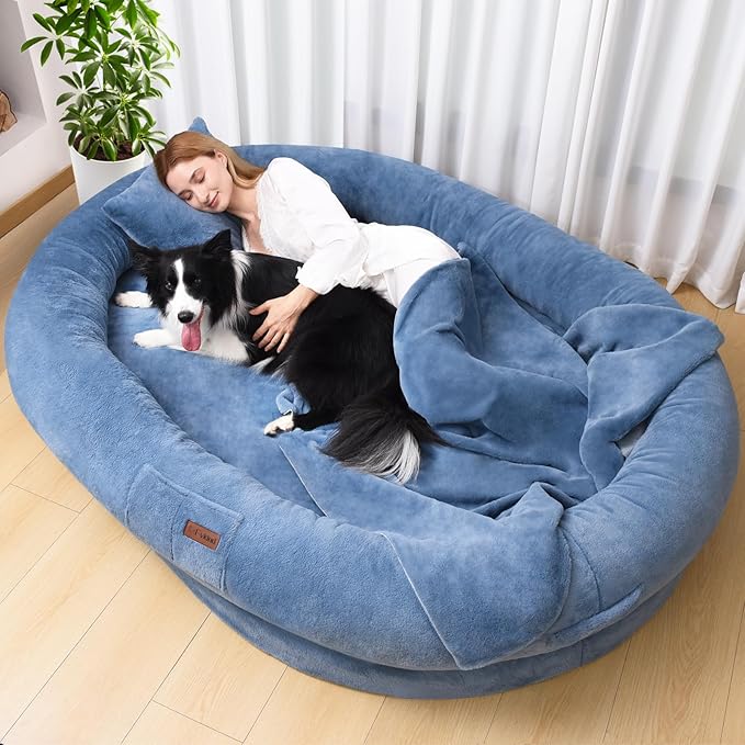 Human Dog Bed for Adult Kids, 70"x33"x12" Washable Faux Fur Human Size Dog Bed for People Doze Off, Grayish Blue