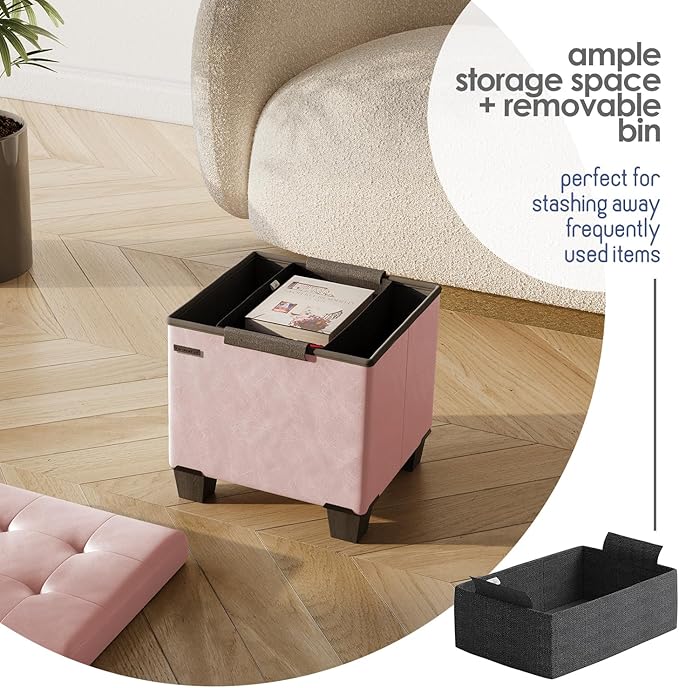 STORAGEBUD Storage Ottoman Cube with Small Bin, 16-in Square Ottoman with Storage for Living Room and Bedroom, Small Ottomans Foot Rest, Faux Leather Foot Stools Ottomans Max 330lbs, Pink