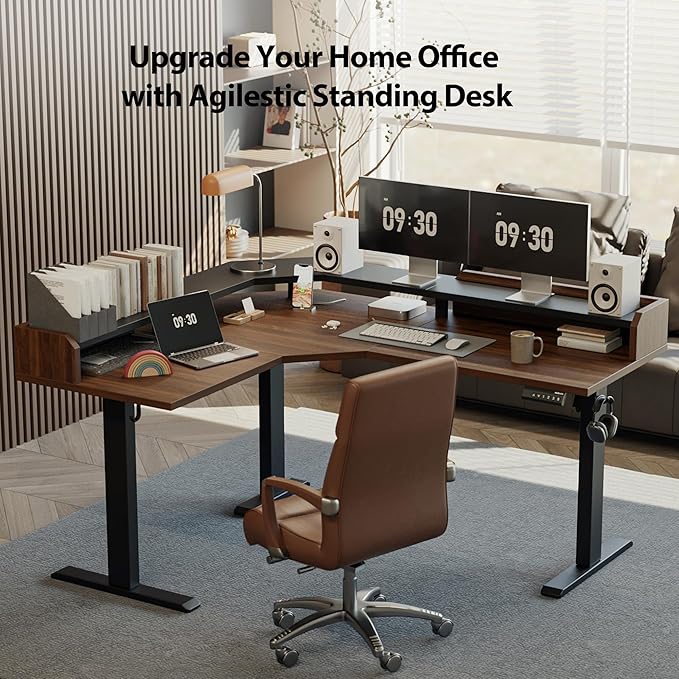 Agilestic L Shaped Standing Desk, Adjustable Height Corner Gaming Desk with Shelf, Sit Stand Up Desk, 63 x 55 Inch Home Office Computer Table, Dark Walnut