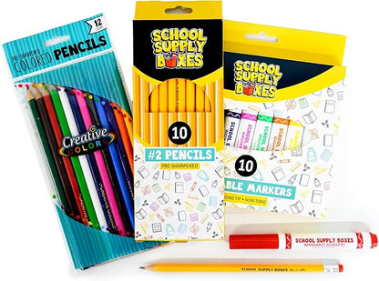 School Supply Boxes | K-5 Case (4 Boxes) | Back to School Essentials Kit for Students & Teachers | Includes Wide-Ruled Paper Products, Crayons, Markers, Colored Pencils, & More