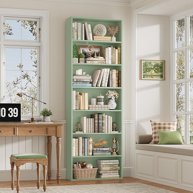 82" Tall Bookshelf, 7-Tier Open Shelves Bookcase, Freestanding Display Storage Shelves, Tall Bookcase Home Decor Furniture for Home Office, Living Room, Bedroom, Green
