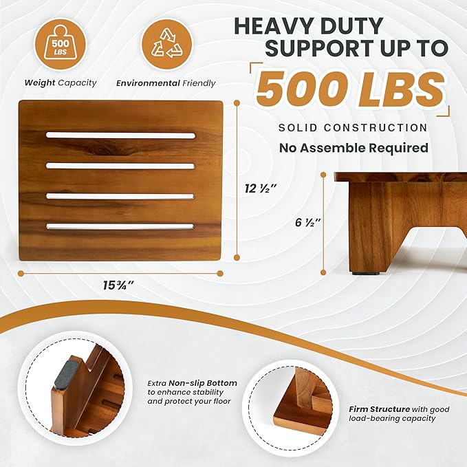 Holana 6.5" Wooden Step Stool for Adults (No Assemble Required)- 500 Lbs One Step Stools for High Bed Riser - Small Stepping Stool for Elderly, Seniors, Kid/Bathroom, Bed, Kitchen (Acacia)