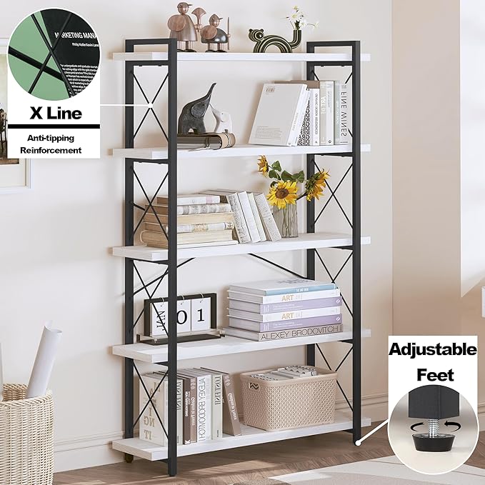 HCHQHS Bookshelf, 5-Tier Industrial Bookcase, Open Book Shelf, Freestanding Tall Bookshelves with Metal Frame