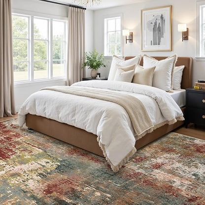 Washable Area Rugs 6'x8' Non-Slip Modern Abstract Soft for Living Room Entryway Bedroom Nursery, Print Pattern, Brown Rust Red Green Blue Multi