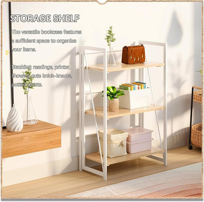 4NM No Assembly 3 Tiers Book Shelves, White Folding Bookshelf Bookcase Open Industrial Foldable Shelves for Bedroom, Living Room, Home Office - Natural White