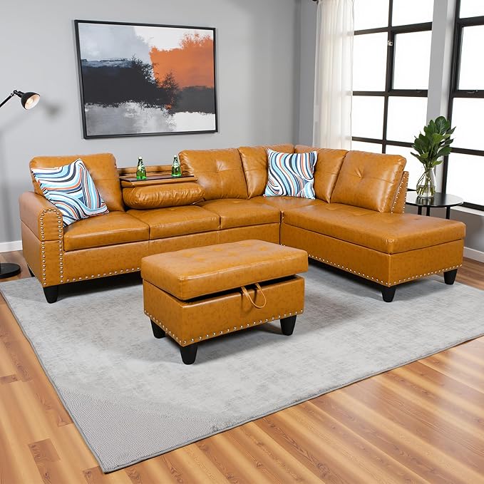 Couches for Living Room PU Leather L Shaped Couch Comfy 3 Pieces Sectional Sofa with Chaise, Ottoman with Storage for Office and Small Apartment, Ginger