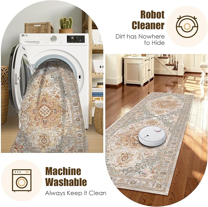 Washable Area Rug 2'6'' x 8' Vintage Traditional Persian Mat - Foldable Distressed Non-Slip Machine Washable Carpet for Living Room Bedroom Kitchen Home Decor - Dove Gray and Coral