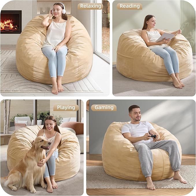 Hobestluk 4FT Bean Bag Chair Giant Bean Bag Chairs for Adults Large Bean Chairs with Removable Cover, Beanbag Chair with Filler, Adult Bean Bag Chairs for Living Room, Bedroom