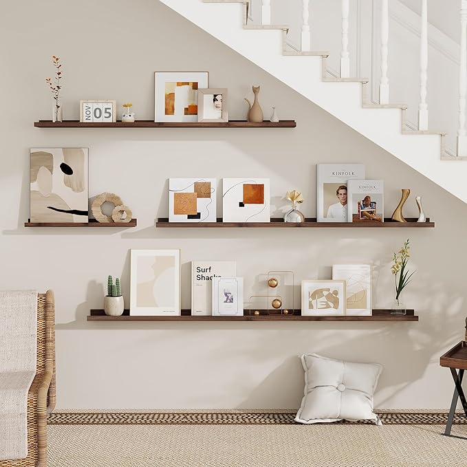 Fun Memories Picture Ledge Shelf - 30 Inches Floating Shelves Set of 4 - Floating Shelves with Lip for Storage - Wood Bookshelf Wall Mounted for Bedroom - Living Room - Kitchen - Walnut Color