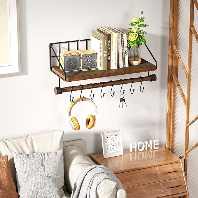Alsonerbay Floating Shelf Wall-Mounted, Coffee Bar Shelf with Hooks and Towel Bar, Kitchen Shelves for Organizing Cooking Utensils and Mugs