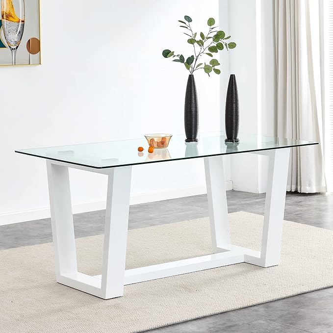 63" Modern Glass Dining Table with Rectangular Tempered Tabletop,Dinner Desk Set for 6-8 People W/Trapezoid Bracket,for Home,Kitchen,Dining Room,Office,White+Clear Finish