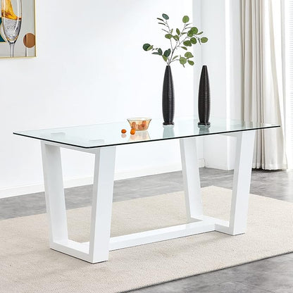 63" Modern Glass Dining Table with Rectangular Tempered Tabletop,Dinner Desk Set for 6-8 People W/Trapezoid Bracket,for Home,Kitchen,Dining Room,Office,White+Clear Finish