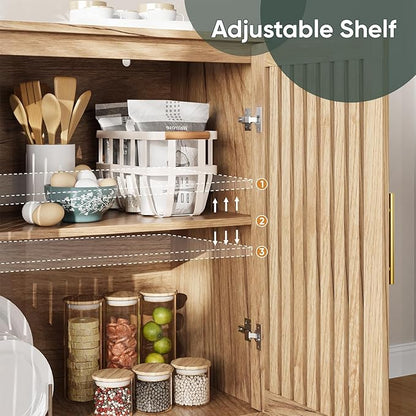 63" Long Sideboard Buffet with 4 Slatted Doors, Farmhouse Buffet Storage Cabinet with Adjustable Shelves, Coffee Bar Cabinet for Entryway, Kitchen, Dining Room, Living Room, Natural Oak
