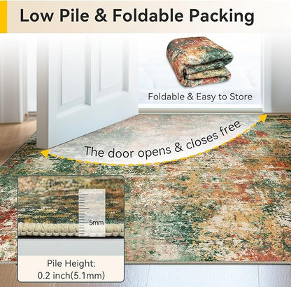 Washable Area Rugs 5'x8' Non-Slip Modern Abstract Soft for Living Room Entryway Bedroom Nursery, Print Pattern, Green Orange Rust Red Cream Colorful