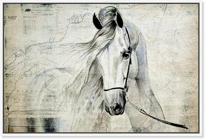 Country Farmhouse Canvas Print Painting Animal Wall Art 'Southern White Horse' White Framed Canvas Rustic Home Décor 24x16 in Gray, Brown by Oliver Gal