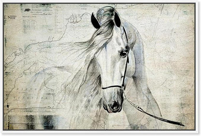 Country Farmhouse Canvas Print Painting Animal Wall Art 'Southern White Horse' White Framed Canvas Rustic Home Décor 24x16 in Gray, Brown by Oliver Gal