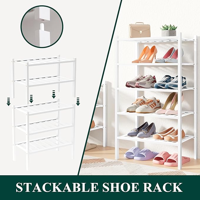 Smiry Bamboo Shoe Rack for Closet, 2 Tier Small Wooden Stackable Shoe Organizer, Free Standing Shoes Storage Shelf for Entryway, Front Door Entrance, White