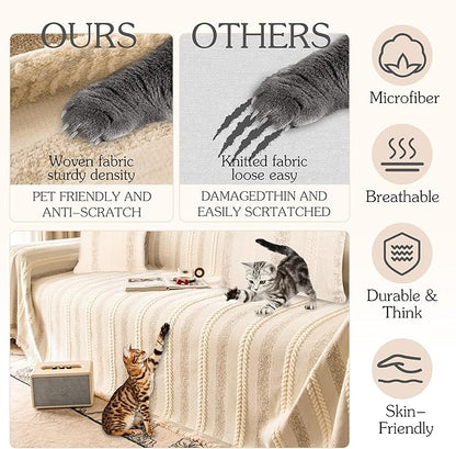 Couch Cover for Dogs Washable Sofa Cover, Sectional Couch Covers, Sofa Covers for 2 Cushion Couch, Non Slip Stripe Sofa Slipcovers Furniture Protector, Couch Protector from Cat Claws, Beige,75''x102''