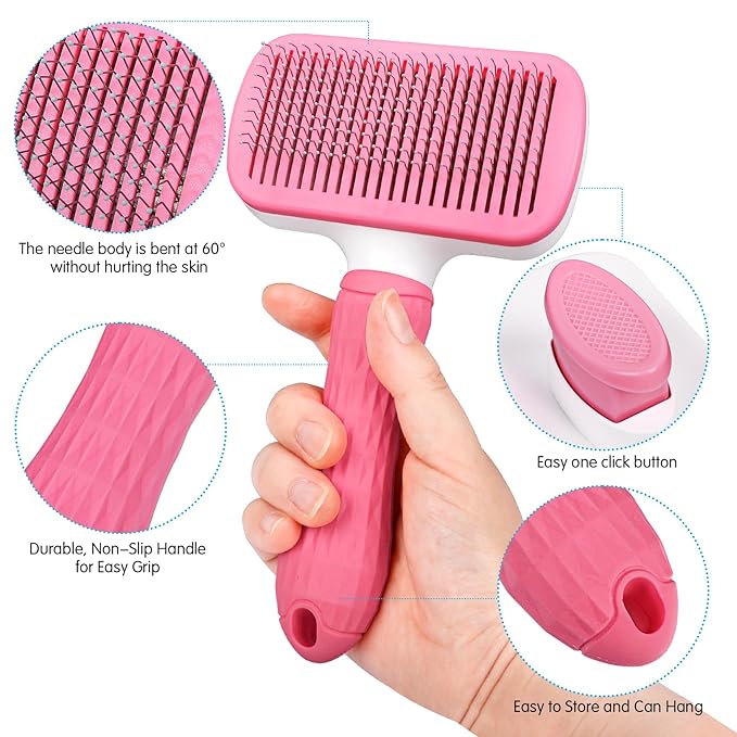 Dog & Cat Brush, Self Cleaning Slicker Brush for Pets, Upgraded Dog Brush for Shedding Massaging and Grooming, Removes Loose Undercoat & Portable Comb for Long Short Haired Dogs(Pink)