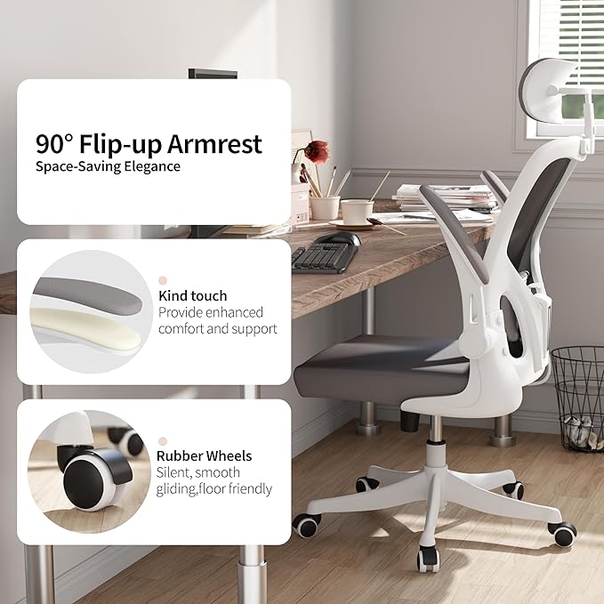 Monhey Office Chair Ergonomic Desk Chair with Lumbar Support&Headrest&Flip-up Arms Height Adjustable Rocking Swivel High Back Computer Chair Warm Taupe Mesh Study Chair (02White+Grey)