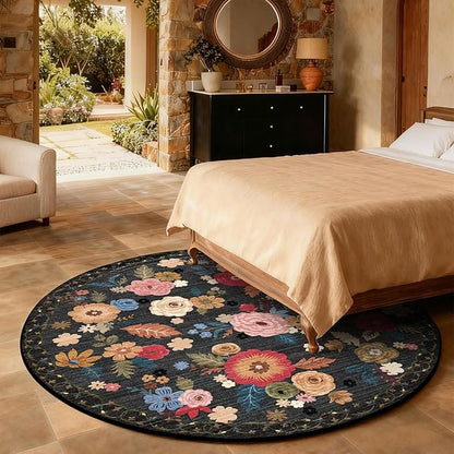 4x4 Round Bedroom Rug Washable: Round Rug Stain Resistant Green Floral Rug Non Slip Low Pile Small Carpet for Bedroom Kitchen Entryway Living Room Bedside Office Dorm Kids Room Entrance