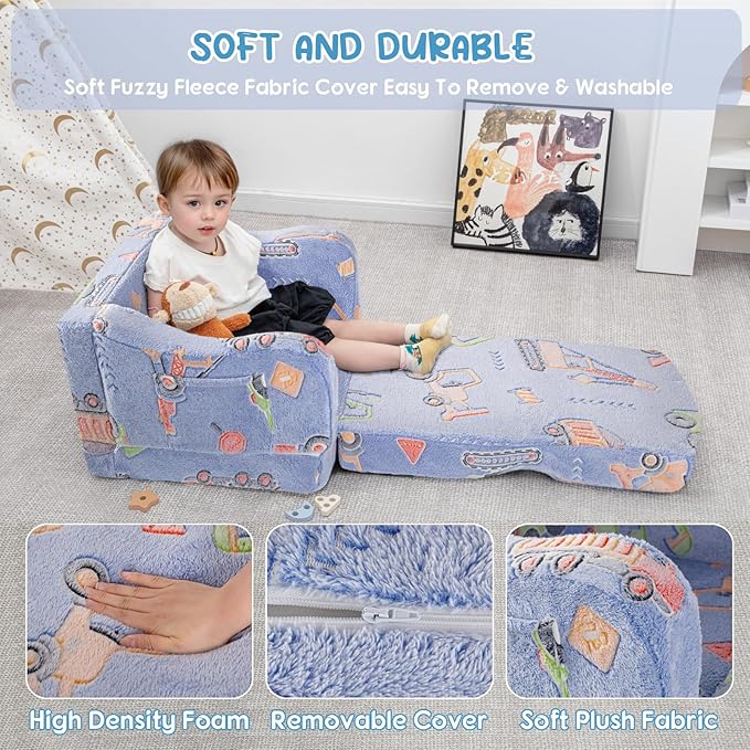 Comfy Toddler Chair and Couch for Kids with Blanket,2-in-1 Soft Plush Fold Out Toddler Couch for Girls and Boys,Convertible Sofa to Lounger for Playroom,Car Excavator