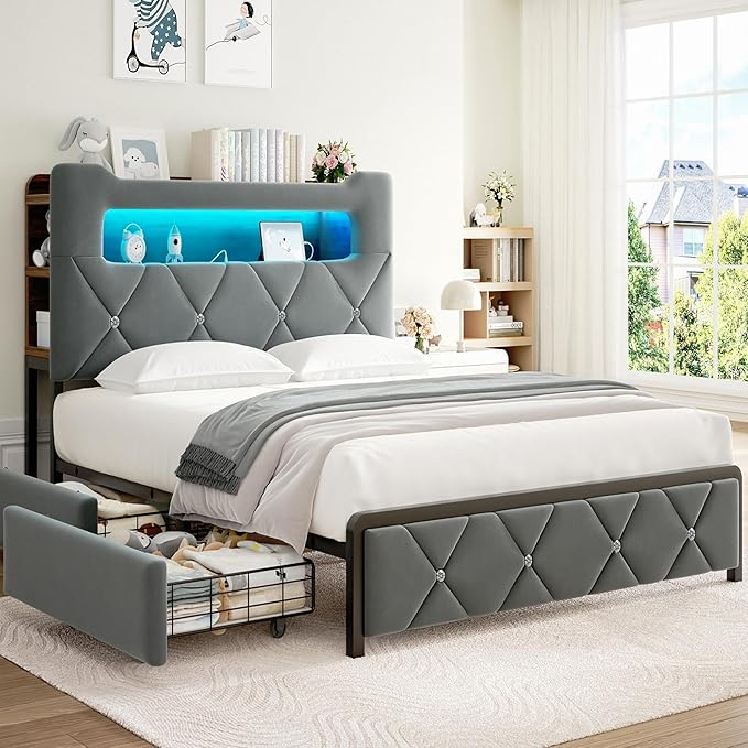 Queen Upholstered LED Bed Frame with 2 Storage Drawers and 2-Tier Storage Headboard, Velvet Platform Bed with Charging Station & Bookcase, Corner Bed Frame, Heavy Duty Metal Support, Grey