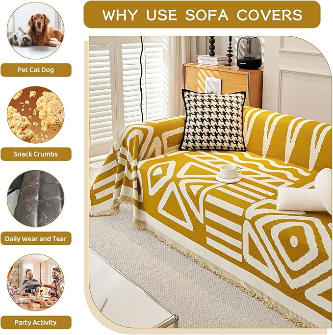 STACYPIK Mustard Yellow Boho Sofa Cover Couch Cover Reversible Jacquard Furniture Protector for 3 Cushion Couch L Shaped Sofa Slipcover Non-Silp Sofa Cushion Covers for Sectional with Tassels-91X134IN
