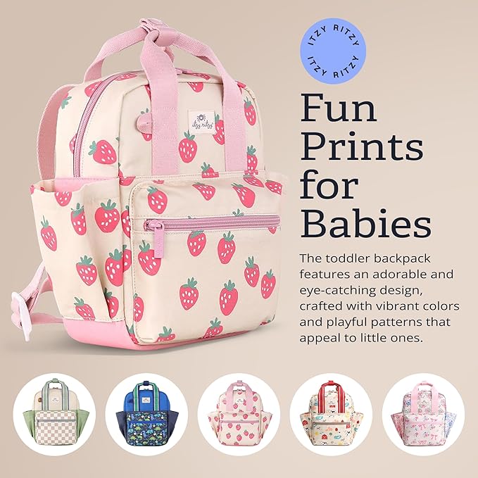 Itzy Ritzy Toddler Backpack - Daycare Bag - Features Adjustable Shoulder Straps, 2 Side Pockets & Spacious Interior with Wipeable Fabric Lining & Name Label, Strawberry Backpack