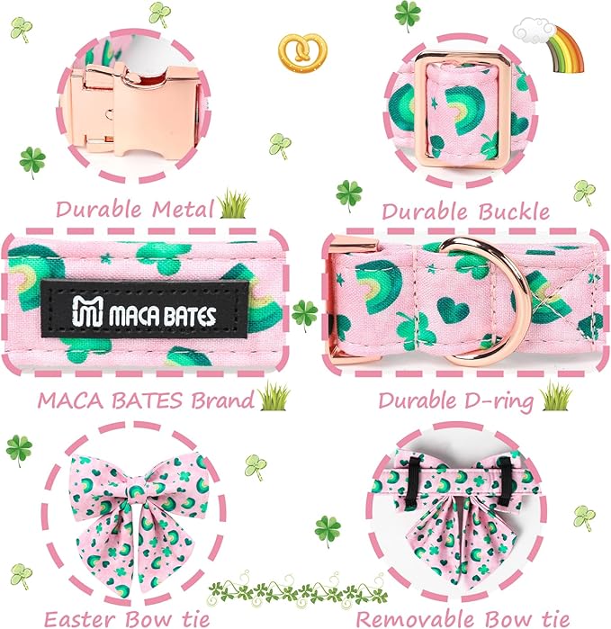 Maca Bates St. Patrick's Day Shamrock Dog Collar,Sailor Bow,Medium Girl Boy Dogs, Pink,Green Rainbow,Four Leaf Clover Pattern,Adjustable Durable Soft Collars Irish Gift for Male Female Puppy