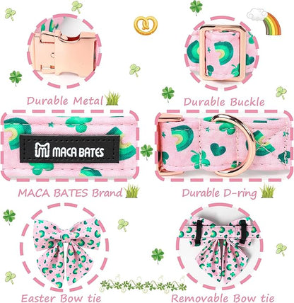 Maca Bates St. Patrick's Day Shamrock Dog Collar,Sailor Bow,Medium Girl Boy Dogs, Pink,Green Rainbow,Four Leaf Clover Pattern,Adjustable Durable Soft Collars Irish Gift for Male Female Puppy