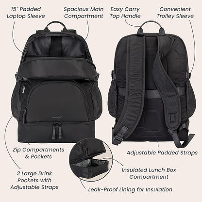 Bentgo 2-in-1 Adult Backpack & Insulated Lunch Bag – Lightweight, Water-Resistant Travel Backpack with 9 Compartments, Laptop Sleeve & Trolley Sleeve for Work & Everyday Use (Obsidian Charcoal)