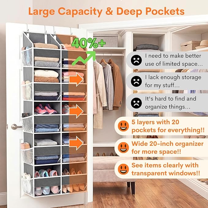 Over the Door Organizer 5 Tiers, Extra Large Behind Door Storage of 10 Compartments, 80 lbs Weight Capacity Over Door Organizer, Door Hanging Organizer for Closet, Diaper Organizer, Room storage | Behind Door Storage, Over Door Organizer, Room storage