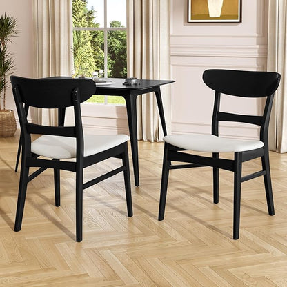 Set of 2 Solid Wood Dining Chairs, Fabric Upholstered Seat Mid-Century Modern Kitchen Furniture for Living Room, Light Beige+Black