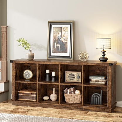GarveeHome 8 Cube Storage Organizer Bookshelf, 3 Tier Farmhouse Horizontal Bookcase, 62 Inch Wood Storage Bookcase for Entryway, Long Low Bookshelves for Living Room-Retro Brown