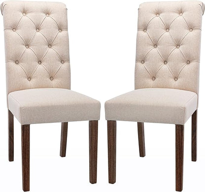 COLAMY Tufted Upholstered Dining Chairs Set of 2, Accent Parsons Chairs with Solid Wood Legs and Padded Seat, Beige