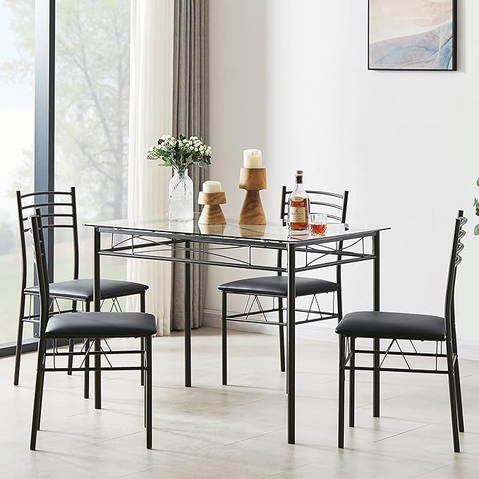 VECELO Kitchen Dining Table and Chairs Set for 4, PU Padded Seat & Glasses Tabletop, Space Saving, Matte Black