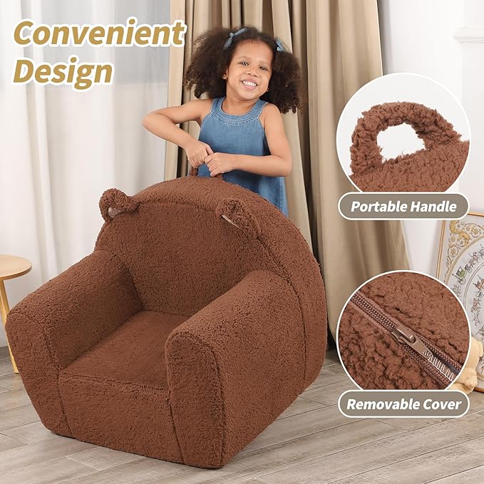Comfy Toddler Chair, Cuddly Sherpa Teddy Bear Kids Sofa, High Back Kids Reading Chair for Boys and Girls, Brown