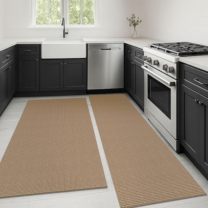 KOZYFLY Boho Area Rug Runner Sets of 2Pcs 2x6 and 3x5 Washable Entry Rugs Non Slip Rubber Backed Kitchen Rug Woven Cotton Entrance Rugs for Front Porch Bathroom Kitchen Bedroom, Tan/Orange/Brown
