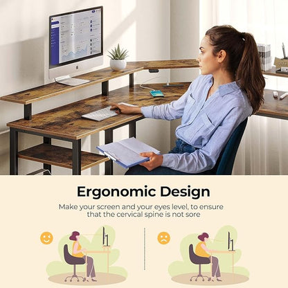 Rolanstar L Shaped Gaming Desk with LED Lights & Power Outlets, 46.2" Computer Desk with Full Monitor Stand & Storage Shelf, Corner Desk with Hooks, Rustic Brown Desk Reversible
