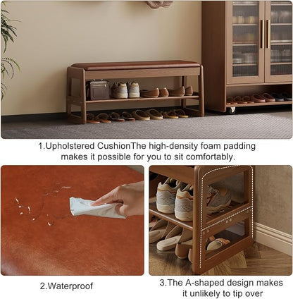 AQIMUELE Small Shoe Rack Bench,2 Tiers Shoe Bench with Storage with Flip-Top,Wood Shoe Rack for Entryway,Hallway（Orange Upholstered Seat）