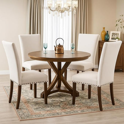 Set of 6 Beige Upholstered Dining Chairs, Farmhouse Kitchen Chairs with High Back, Solid Rubberwood Legs, Comfortable Padded Foam Seat, Bronze Nailhead Trim, Dining Room Chairs for Large Families