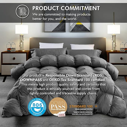 Luxurious Goose Down Feather Fiber Comforter California King Size Duvet Insert, Pinch Pleat Ruffled Twisted Flower, Premium Baffle Box, 100% Egyptian Cotton Cover, 75 oz. Fill Weight, Gray