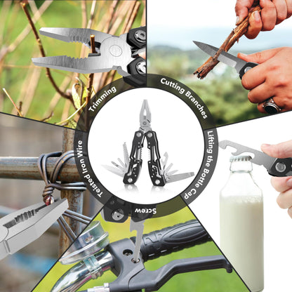 14-In-1 Multitool with Safety Locking, Professional Stainless Steel Multitool Pliers Pocket Knife, Bottle Opener, Screwdriver with Nylon Sheath ，Apply to Survival,Camping, Hunting and Hiking 1 Pcs